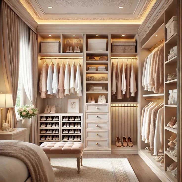  قیمت طراحی اتاق لباس با درب/ دو وجه دیوار/ به سبک کلاسیک